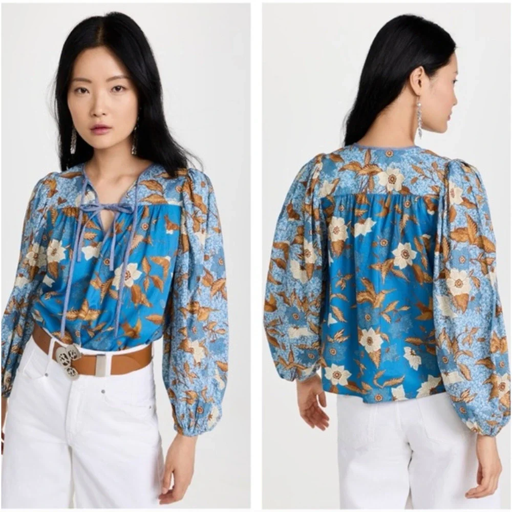 ULLA JOHNSON Joanie Blouse Lapis Blue Floral Puff Long Sleeve Boho